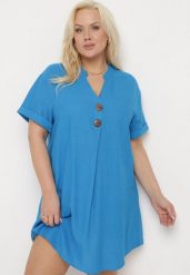 Niebieska Sukienka z Lnem Pudełkowa z Krótkim Rękawem i Guzikami Effienu. Niebieskie sukienki damskie Born2be, na spotkanie biznesowe, xl, bez wzorów, z materiału, eleganckie, bez kołnierzyka, bez ramiączek, mini. Za 89.99 zł.