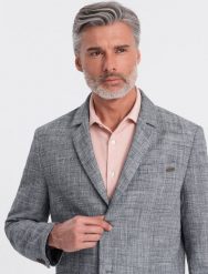 Kurtka męska Ombre Marynarka męska o kroju REGULAR z lnem - grafitowa V5 OM-BLZB-0128 L. Szare kurtki męskie Ombre, l, bez wzorów, bez kaptura. Za 409.99 zł.