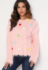 Różowy Sweter z Wełną z Alpaki Ozdobiony Kolorowymi Pomponami Felinda. Czerwone swetry dla dziewczynek Born2be, bez wzorów, z jeansu, bez kołnierzyka, bez ramiączek, długie, bez kaptura. Za 99.99 zł.