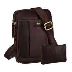 Męska, skórzana torba na ramię w brązowym kolorze w zestawie z saszetką na klucze - Peterson. Brązowe saszetki męskie Peterson, ze skóry, eleganckie. Za 179.99 zł.