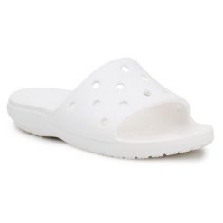 Klapki Crocs Classic Slide 206121-100 białe. Białe klapki damskie bez wzorów, z materiału, sportowe, bez obcasa. Za 239.37 zł.