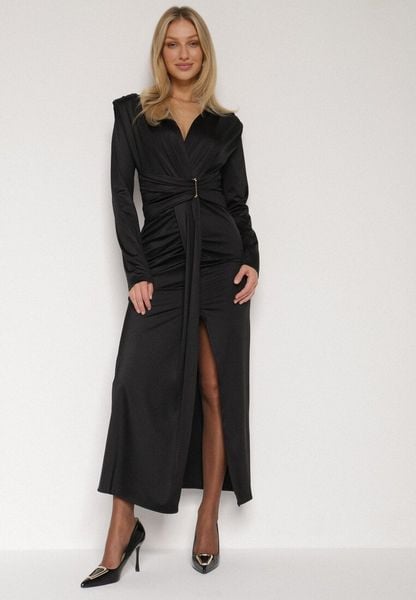 Czarna Elegancka Sukienka z Trenem i Rozcięciem Atissa. Czarne sukienki damskie Born2be, na imprezę, m, z aplikacjami, eleganckie, bez kołnierzyka, bez ramiączek, dopasowane. Za 149.99 zł.