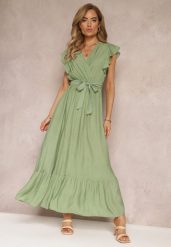 Zielona Rozkloszowana Sukienka Maxi z Gumką w Talii Lavla. Zielone sukienki damskie Renee, l, bez wzorów, z materiału, bez kołnierzyka, bez ramiączek, maxi, rozkloszowane. Za 74.99 zł.