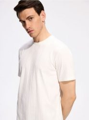 T-shirt regular w prążek - złamana biel. T-shirty męskie Reserved, l, bez wzorów, z bawełny, bez kołnierzyka. Za 69.99 zł.