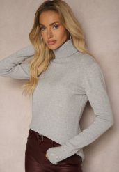 Szary Golf Sweter o Dopasowanym Kroju z Kaszmirem Zairith. Szare swetry damskie Renee, z aplikacjami, z jeansu, biznesowe, bez kołnierzyka, bez ramiączek, bez kaptura. Za 79.99 zł.