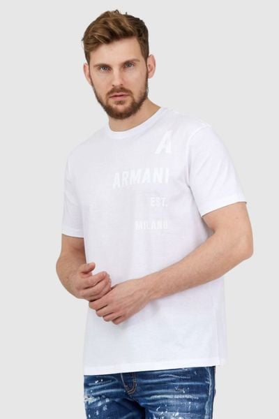 ARMANI EXCHANGE Biały t-shirt męski z białym logo, Rozmiar XL. Białe t-shirty męskie Armani Exchange, l, bez wzorów, prążkowane, bez kołnierzyka. W wyprzedaży za 136.99 zł.