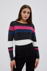 Dopasowany sweter w paski z metaliczną nitką czarny. Czarne swetry damskie MOODO, m, bez wzorów, z poliamidu, bez kołnierzyka, bez ramiączek, bez kaptura. W wyprzedaży za 69.99 zł.