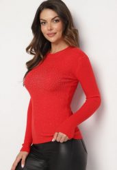 Czerwony Sweter Prążkowany z Cyrkoniami Romivra. Czerwone swetry damskie Born2be, uniwersalny, bez wzorów, z jeansu, eleganckie, bez kołnierzyka, bez ramiączek, długie, bez kaptura. Za 44.99 zł.
