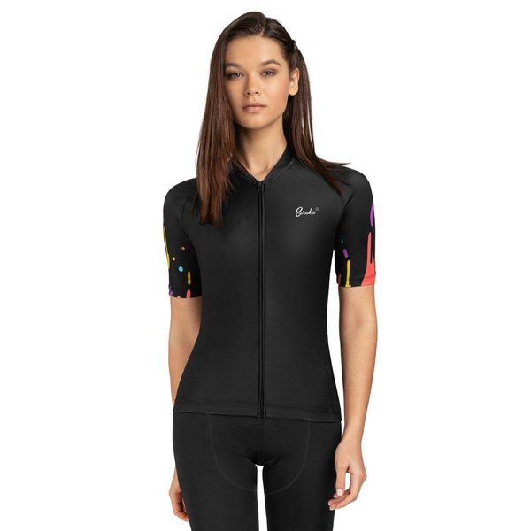 Damska koszulka rowerowa z krótkim rękawem Kolarstwo Siroko M2 Aquarelle. Czarne koszulki sportowe damskie SIROKO, bez wzorów, z elastanu, rowerowe. W wyprzedaży za 255.55 zł.