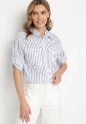 Niebieska Koszula z Bawełny w Paski z Podpinanymi Rękawami Lisirwena. Niebieskie bluzki damskie Born2be, l, bez wzorów, z bawełny, eleganckie, bez kołnierzyka, bez ramiączek. Za 59.99 zł.