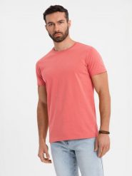 T-shirt męski klasyczny bawełniany BASIC - koralowy V17 OM-TSBS-0236 L. Pomarańczowe t-shirty męskie Ombre, l, bez wzorów, z bawełny, klasyczne, bez kołnierzyka. Za 60.50 zł.