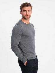 Klasyczny sweter męski z wiskozą BASIC z okrągłym dekoltem szary melanż V1 OM-SWBS-0106 XL. Szare bluzy męskie Ombre, m, bez wzorów, z wiskozy, bez kaptura. Za 136.15 zł.