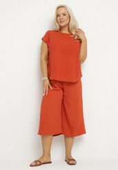 Pomarańczowy Komplet Bluzka i Szerokie Spodnie Jenoretia. Brązowe bluzki damskie Born2be, xl, bez wzorów, eleganckie, bez kołnierzyka, bez ramiączek. Za 84.99 zł.