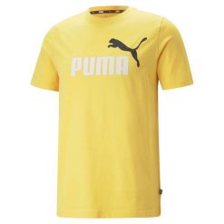 Koszulka fitness męska Puma ESS+ 2 Col Logo Tee. Żółte koszulki sportowe męskie Puma, l, bez wzorów, bez kołnierzyka, bez ramiączek, na fitness i siłownię. W wyprzedaży za 98.65 zł.