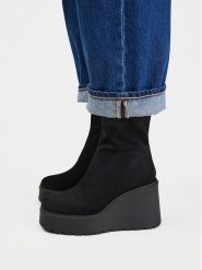 DeeZee Botki CEO-HY60195-13 Czarny. Czarne botki damskie DeeZee, z materiału, bez obcasa, na koturnie, bez zapięcia. Za 199.99 zł.