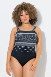 Damskie Strój kąpielowy wzorzysty okrągły dekolt miękkie miseczki z recyklingu. Czarne kostiumy jednoczęściowe damskie Ulla Popken, plus size, bez wzorów, z elastanu, plus size, do pływania. Za 191.99 zł.