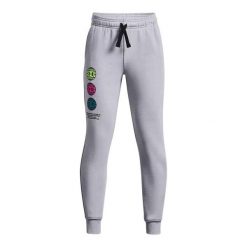 Spodnie dresowe chłopięce Under Armour Rival Fleece ANAML Jogger. Szare spodnie sportowe dla chłopców Under Armour, bez wzorów, z dresówki, sportowe, trekkingowe. Za 79.99 zł.