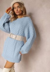 Jasnoniebieski Długi Sweter Ozdobiony Drobnym Splotem Killoe. Niebieskie swetry damskie Renee, bez wzorów, z jeansu, casualowe, bez kołnierzyka, bez ramiączek, długie, bez kaptura. Za 189.99 zł.