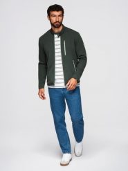 Strukturalna kurtka biker męska ze stójką – ciemnozielona V3. Zielone kurtki męskie Ombre Clothing, m, bez wzorów, z dzianiny, eleganckie, bez kaptura. W wyprzedaży za 217.49 zł.