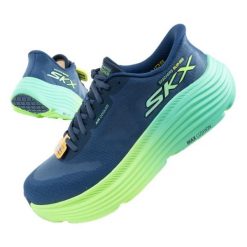 Buty do biegania Skechers Max Cushioning Slip-Ins 129473/NVLM niebieskie. Niebieskie obuwie sportowe damskie bez wzorów, z materiału, do biegania. Za 640.22 zł.