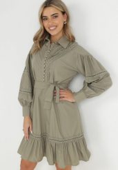 Ciemnozielona Koszulowa Sukienka z Bufiastym Rękawem i Ażurowymi Wstawkami Staples. Zielone sukienki damskie Born2be, l, w ażurowe wzory, vintage, bez kołnierzyka, bez ramiączek, mini, koszulowe. Za 229.99 zł.