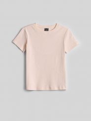 4F T-shirt slim z prążkowanej dzianiny damski - kremowy L. Białe t-shirty damskie 4f, l, bez wzorów, z bawełny, eleganckie, bez kołnierzyka. Za 49.99 zł.