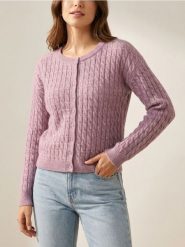 Kardigan z dekoracyjnym splotem - różowy. Czerwone kardigany damskie Sinsay, l, bez wzorów, ze splotem. Za 49.99 zł.