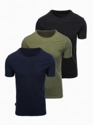 Zestaw męskich bawełnianych t-shirtów BASIC z okrągłym dekoltem – czarny/granatowy/khaki V3 - Rozmiar: XXL. Niebieskie t-shirty męskie Ombre Clothing, m, bez wzorów, z bawełny, biznesowe, bez kołnierzyka. Za 169.99 zł.