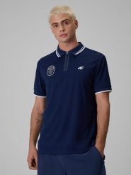 4F Koszulka polo tenisowa męska - granatowa XXL. Niebieskie koszulki polo męskie 4f, l, bez wzorów, klasyczne, bez ramiączek. Za 139.99 zł.