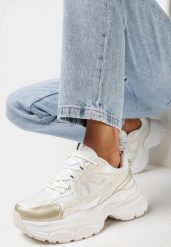 Złote Sneakersy na Grubej Podeszwie z Metalicznymi Wstawkami i Siateczką Aterim. Białe obuwie sportowe damskie Born2be, bez wzorów. Za 109.99 zł.