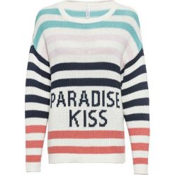 Sweter w paski bonprix biel wełny w paski. Białe swetry damskie bonprix, bez wzorów, z wełny, bez kołnierzyka, bez ramiączek, bez kaptura. Za 54.99 zł.