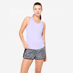 Koszulka fitness damska Domyos bez rękawów. Fioletowe koszulki sportowe damskie DOMYOS, l, bez wzorów, z elastanu, bez kołnierzyka, bez ramiączek, na fitness i siłownię. Za 19.99 zł.