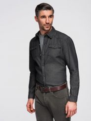 Koszula męska jeansowa na zatrzaski z kieszonkami - czarna V3 - Rozmiar: XL. Czarne koszule męskie Ombre Clothing, m, bez wzorów, z bawełny, biznesowe, bez kołnierzyka, bez ramiączek. Za 209.99 zł.