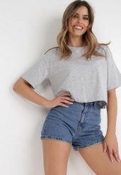 Jasnoszary T-shirt Rheniala. Szare bluzki damskie Born2be, l, bez wzorów, z bawełny, bez kołnierzyka. Za 29.99 zł.