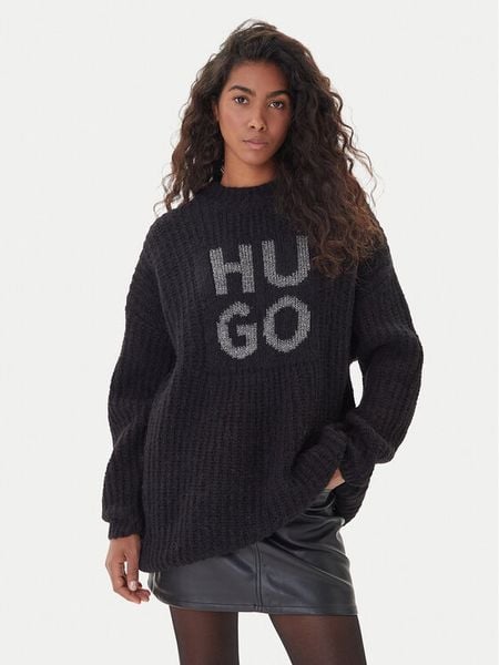 HUGO Sweter Sloguis 50548245 Czarny Oversize. Czarne sukienki damskie Hugo, m, bez wzorów, z syntetyku, bez kołnierzyka, bez ramiączek, bez kaptura. Za 889.99 zł.