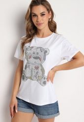Biały Bawełniany T-shirt Wykończony z Przodu Cyrkoniami Hulilla. Białe bluzki damskie Born2be, uniwersalny, bez wzorów, z bawełny, eleganckie, bez kołnierzyka. Za 44.99 zł.