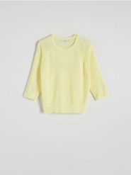 Gładki sweter - żółty. Żółte swetry damskie Reserved, l, bez wzorów, z dzianiny, bez kołnierzyka, bez ramiączek, bez kaptura. W wyprzedaży za 39.99 zł.