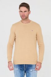 TOMMY JEANS Beżowy męski sweter, Rozmiar L. Brązowe swetry przez głowę męskie Tommy Jeans, l, bez wzorów, z jeansu, bez kołnierzyka. W wyprzedaży za 246.99 zł.