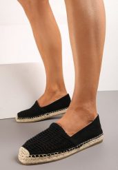 Czarne Wsuwane Espadryle na Płaskiej Podeszwie Ozdobione Plecionką z Juty Loracila. Czarne espadryle damskie Born2be, na lato, bez wzorów, eleganckie, bez obcasa, na płaskiej podeszwie, bez zapięcia. Za 49.99 zł.