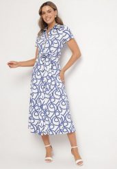 Niebieska Koszulowa Sukienka z Wiskozą w Geometryczny Wzór Sarilissa. Niebieskie sukienki damskie Born2be, na co dzień, l, bez wzorów, z jeansu, eleganckie, bez kołnierzyka, bez ramiączek, koszulowe. Za 159.99 zł.