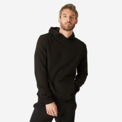 Bluza z kapturem męska Nyamba Gym & Pilates Crew 100. Czarne bluzy męskie DOMYOS, na zimę, l, bez wzorów, z bawełny, z kapturem. Za 79.99 zł.