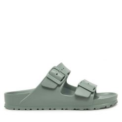 Klapki Birkenstock. Zielone klapki damskie Birkenstock, bez wzorów, bez obcasa. Za 249.99 zł.