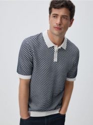 Bawełniany sweter polo - granatowy. Niebieskie swetry przez głowę męskie Reserved, l, bez wzorów, z bawełny, bez kołnierzyka. Za 119.99 zł.