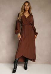 Brązowa Kopertowa Sukienka z Wiskozą z Wiązanym Paskiem w Talii Fezalia. Brązowe sukienki damskie Renee, plus size, bez wzorów, z wiskozy, eleganckie, bez kołnierzyka, plus size, bez ramiączek, maxi, kopertowe. Za 169.99 zł.