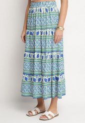 Niebieska Rozkloszowana Spódnica z Wiskozą w Etniczny Wzór Kolamiela. Niebieskie spódnice damskie Born2be, bez wzorów, z bawełny, eleganckie, maxi, proste. Za 54.99 zł.