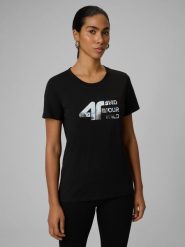 4F T-shirt regular z nadrukiem damski - czarny XXL. Czarne t-shirty damskie 4f, xxl, bez wzorów, z bawełny, bez kołnierzyka. W wyprzedaży za 49.99 zł.