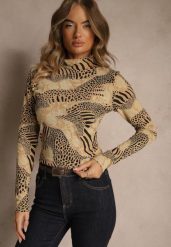 Beżowo-Czarna Bluzka Longsleeve z Bawełny z Półgolfem i Panterkowym Printem Unalla. Brązowe bluzki damskie Renee, l, bez wzorów, z bawełny, bez kołnierzyka, bez ramiączek. Za 49.99 zł.