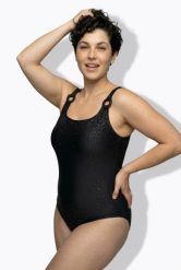 Damskie Strój kąpielowy metaliczny efekt miękkie miseczki ramiączka z regulacją. Czarne kostiumy jednoczęściowe damskie Ulla Popken, plus size, bez wzorów, z elastanu, plus size, do pływania. Za 191.99 zł.