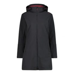 Kurtka parka z kapturem, zapinana na zamek dla kobiet CMP. Czarne parki damskie CMP, bez wzorów, z softshellu, sportowe, z kapturem. W wyprzedaży za 473.85 zł.