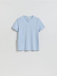 T-shirt slim z bawełny merceryzowanej - jasnoniebieski. Niebieskie t-shirty męskie Reserved, l, bez wzorów, z bawełny, bez kołnierzyka. Za 99.99 zł.